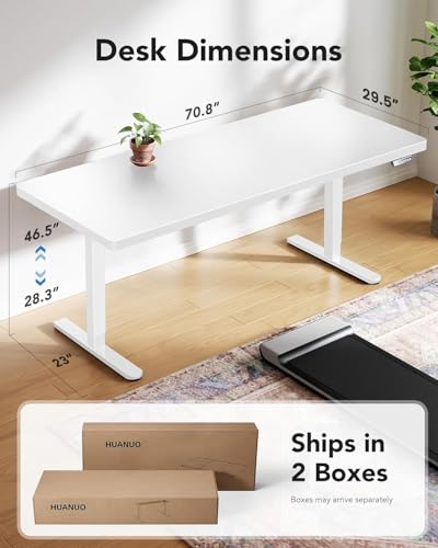Image of HUANUO 71 x 30 inch White Electric Standing Desk, Large Height Adjustable Table, 4 Memory Preset Sit Stand Up Desk, Powerful Brushless Motor Home Office Computer Table with Thick T-Shaped Frame