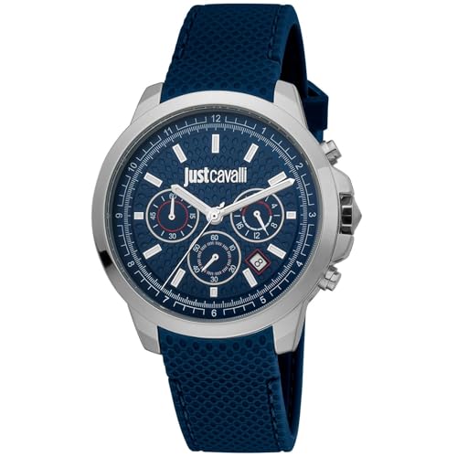 Just Cavalli Orologio da uomo con cronografo in metallo con cinturino in silicone blu, JC1G178P0025, Blu, Moderno