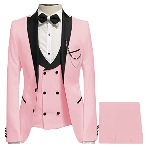Costume 3 pièces Homme Blazer de Costume Coupe Slim à Un Bouton et Boutonnage Simple Gilet et Pantalon de Veste Formelle de fête de Mariage d'affaires (Rouge Clair,XXL)