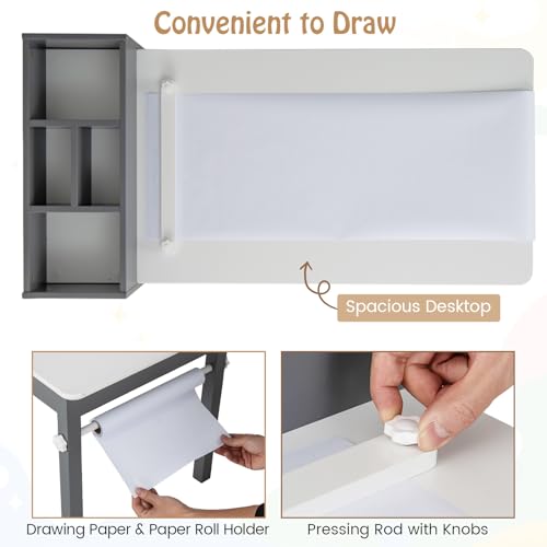 Image of Costzon Kids Table and Chairs, 3-in-1 Wooden Art Drawing Desk Set (Gray) | Toddler Table w / 4 Fabric Bins, Multiple Open Storage Compartments & a Paper Roll for Painting, Writing, Reading, Craft