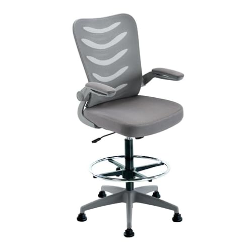 LAB SPACE Merlin Draughtsman Chair, High Drafting Chair with Mesh Back and Flip Up Arms (Grey)