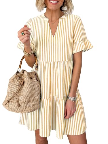 Image of Caracilia Dresses for Women Summer 2026 Striped V Neck Ruffle Sleeve A Line Tiered Flowy Casual Mini Beach Dress with Pockets