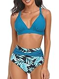 Yutdeng Bikini Sets Damen Push Up Triangel Breites Unterbrustband Bademode Bedruckter Plissee Bikinihose Hohe Taille Cross Back Badeanzüge Wickeloptik Bikinioberteil Abnehmbar BH,Blau,M