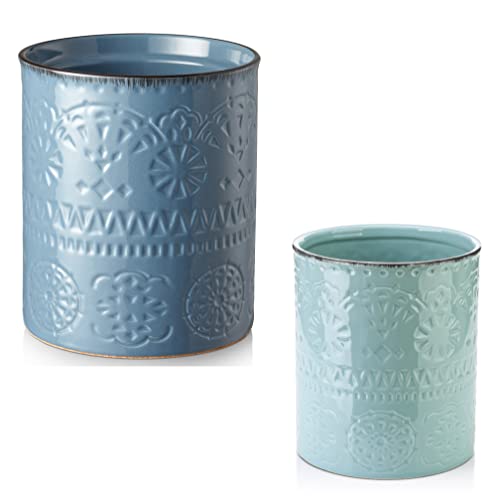 LIFVER 7.2″ Teal Blue Kitchen Utensil Holder + 6.2″ Dark Blue Utensil