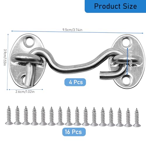 CUKAYO 4 Pack 3\" Hook and Eye Gate Latch, Stainless Steel Rust-Resistant Barn Door Lock Cabin Hooks for Gate Shutters Window Slide Barn Shed Cabinet Bathroom, with 16pcs Screw,Silver