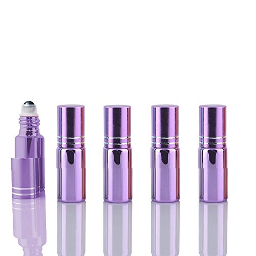 10 Sets Colored 5ml UV Coated Glass Roller Ball Refillable Rollon Bottles Grand Parfums with Stainless Steel Rollers for Essential Oil, Serums, Fragrance (Lavender)