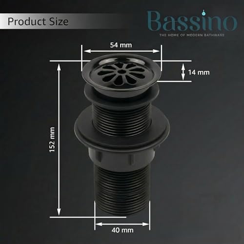 Image of BASSINO 6 Inch Basin Waste Coupling Nylon Thread Body with Brass Jali Head /Heavy Duty Bathroom Sink Drain for Wash Basin /Anti Clog Waste Coupling with Durable Build /Universal Fit Drain(Black)