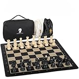 20-Inch Portable Folding Chess Set with Weighted Plastic Pieces, Double Queens & Carrying Bag – Ideal for Adults, Beginners, Camping, and Game Nights