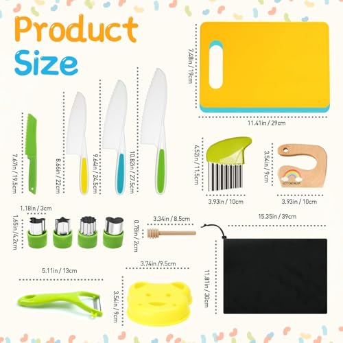 Kindermesser 16-teiliges Kinder Sicherheit Kochmesser Küchenmesser Set mit Gemüse Ausstechformen, Holzmesser, Schneidebrett etc. Montessori Spielzeug als Geburtstagsgeschenk für Kinder ab 2 Jahren