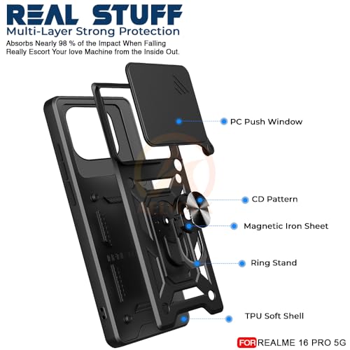 Image of Armor Bumper Back Cover Case for Realme 16 Pro 5G Rotating Camera Cover, Ring Holder & Kickstand | Heavy Duty & 360 Degree Protection Realme 16 Pro 5G Back Cover (Black)
