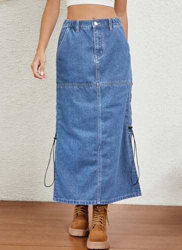 chouyatou Women's Vintage Washed Cargo Skirt A-Line Adjustable Midi Long Denim Jean Skirt with Drawstring2