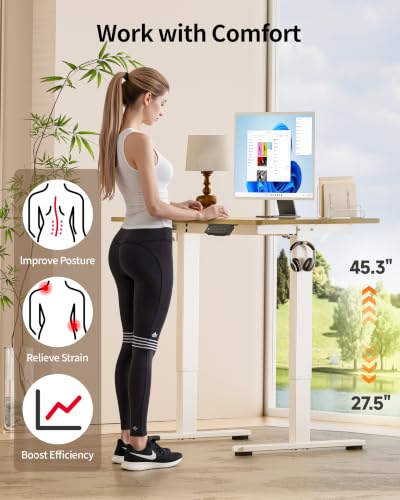 Image of Okin Standing Desk Electric Adjustable Computer Whole Piece Stand up Desk with Wheels Office Gaming Home Office Memory Desks 48x24 inches Cream Pecans
