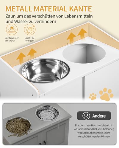 Hzuaneri Erhöhter Hundenapf mit Schiebetür-Aufbewahrung, 2 x 2 L Edelstahlnäpfe, 46 cm Hoch, Futterstation für Mittelgroße Bis Große Hunde, Mattweiß PB88003W