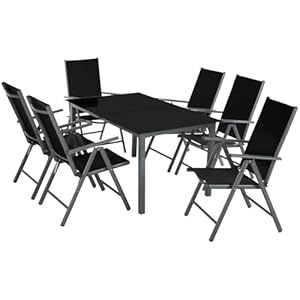 tectake® Sitzgarnitur Aluminium Klappstühle, Lounge Set mit 6X Stühle und 1x Glastisch Esstisch, Gartenmöbel Set wetterfest für den Balkon, Gartenstühle, Terrassenmöbel, Liegestuhl – anthrazit