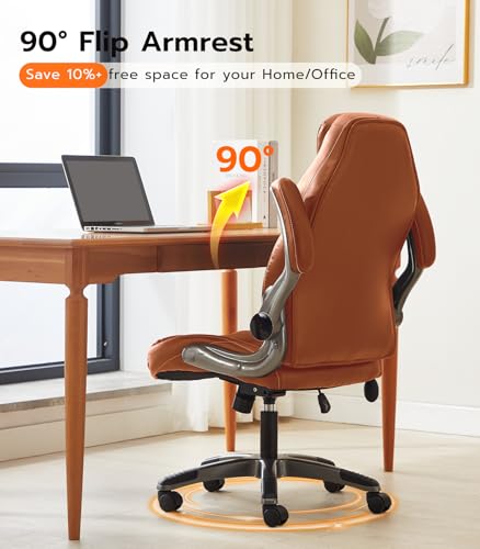 Office Desk Chair, Ergonomic Computer Chair with Padded Flip-Up Arms and Adjustable Lumbar Support, PU Leather Executive Chair with Tilt Lock and 360° Swivel Rolling Wheels for Work, Study