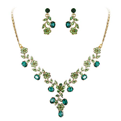 EVER FAITH Flower Leaf Necklace Earrings Set Austrian Crystal Gold-Tone - Green