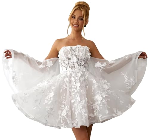 FHPKGE Chic Strapless Floral Short Wedding Dress for Party White