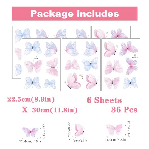 Vinilos decorativos mariposas azul y rosa, set 36 piezas miniatura 3