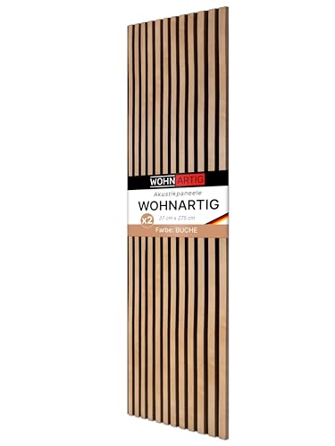 wohnartig® Akustikpaneele 1,485m² - 275cm x 54cm* set - (set = 2 Stück 275cm x 27cm) | Farbe: Buche 206 | Wandverkleidung | Lamellenverkleidung | Akustikpaneel | Wandpaneele auf filz | Akustikfilz