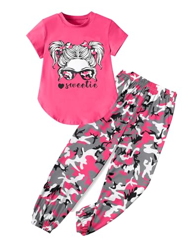 Image of Girls Outfits Short Sleeve Irregular Tops + Camouflage Long Legging Outfits 2PCs Summer Pant Sets 6-14T