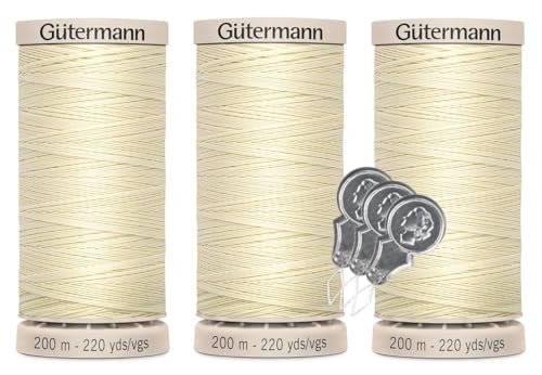 Gutermann Hand Quilting Thread - 100% Mercerized Cotton - 220 Yards - 738219-3 Pack Bundle with 3 Bellas Crafts Needle Threaders (Light Pearl - 0919)