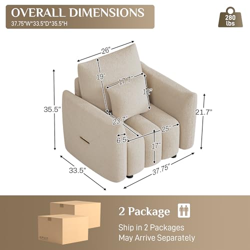 Image of OUYESSIR 38 inch Modern Accent Single Sofa Chair, Comfy Deep Seat Teddy Living Room Chair, Leisure Boucle Reading Sofa Arm Chair for Bedroom, Office, Apartment, Light Brown