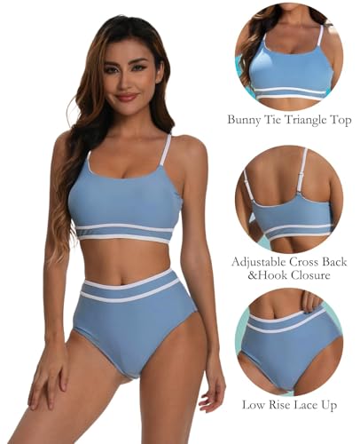karrack Women's High Waisted Bikini Set Two Piece Swimsuits Color Block Adjustable Straps Bathing Sporty Suits3