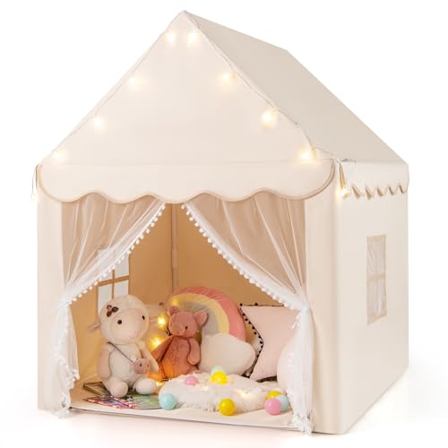 COSTWAY Kinderzelt mit Sternenlichter & Matte, Kinder Spielhaus mit Fenster & doppeltem Vorhang, Spielzelt Indoor, Kinderspielhaus für Jungen und Märchen (Beige)