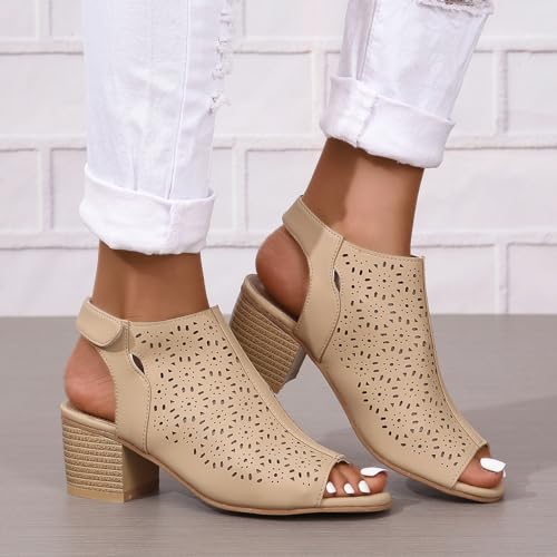 ZDLJLY Peep Toe Booties Women, Ankle Booties Skeleton Boots Hook & Loop Strap Cut Out Mid Block Heel Sandals for Women4