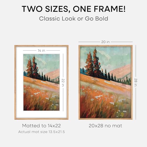 Image of Homeforia 20x28 Picture Frame Wood, High End Natural Oak 20 x 28 Light Wooden Poster Frame with Mat 14 by 22, 20x28 Frames Matted to 14x22 Photo, 28by20 Thin Frames, Tempered Glass, Wall Kit, Set of 3