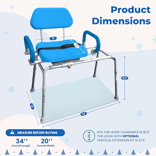 Platinum Health Carousel Sliding Shower Chair Tub Transfer Bench with Swivel Seat, Premium Padded, Pivoting Arms, Adjustable Space Saving Design for Tubs, Inside Shower, for Handicap & Seniors, Blue