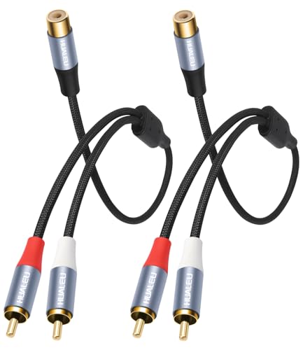 HUALEU 1FT RCA Splitter 1 Female to 2 Male 2 Pack - RCA Audio Video Cable Splitter Adapter Aluminum Alloy housing/Braided Cable/Integrated Injection Molded Splitter