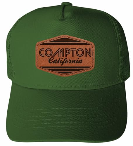 R and R Imports Compton California City Retro Souvenir Trucker Hat Unisex Mesh Back Snapback with Engraved Leather Patch Green