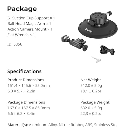 SMALLRIG Uchwyt 6" z przyssawką kulową Magic Arm, uchwyt do kamer sportowych do DJI Osmo Action 5 Pro/4, do Insta360 x5, do GoPro 13/12, udźwig 3 kg, na szybę samochodu lub okno - 5856