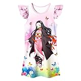 GUQILI Kawaii Girls Dress Anime Nezuko Cosplay Toddler Short Sleeves Gown for 6-12 Years Pink