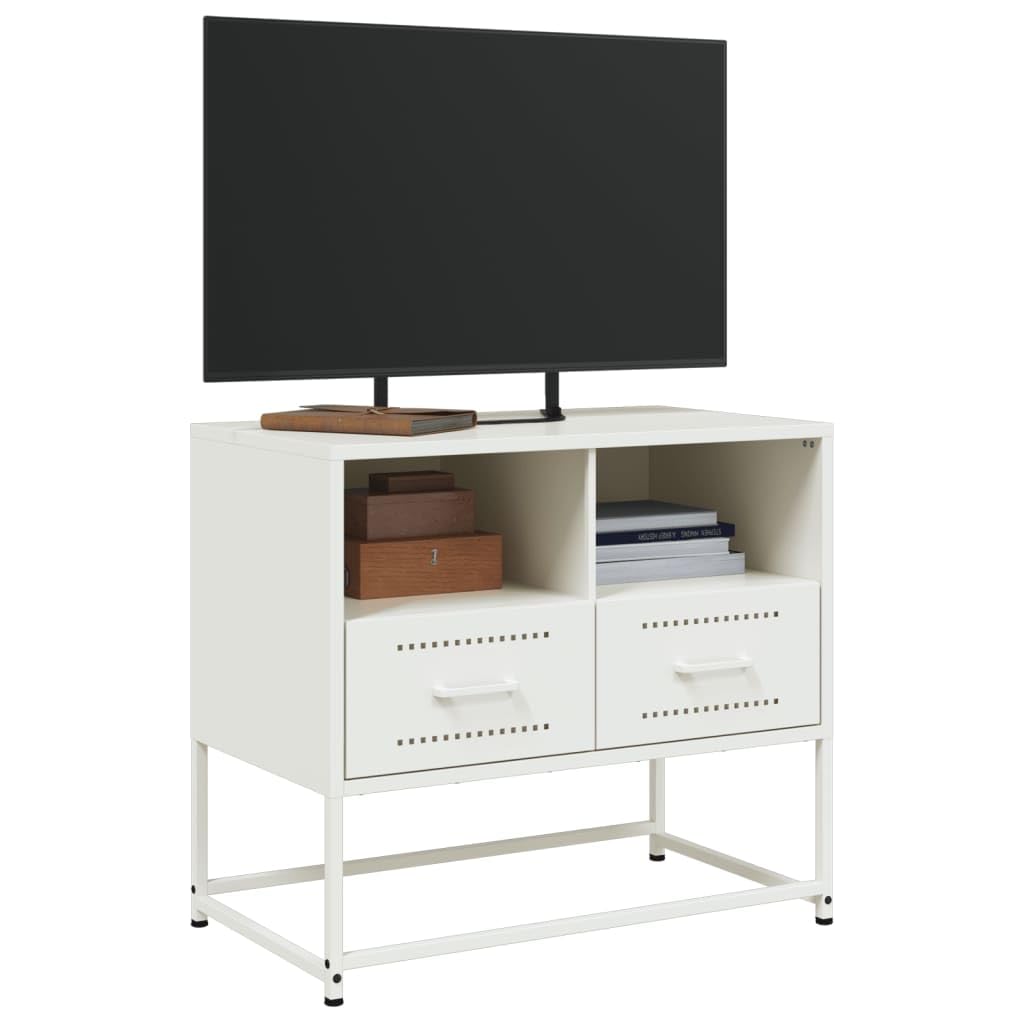 Mobile TV bianco in acciaio 68 x 39 x 60,5 cm con 2 cassetti, scomparti aperti, spazio e ripiano per soggiorno, camera da letto, home theater, gaming e multimediale
