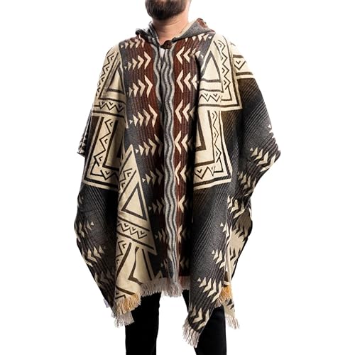 Gamboa Alpaca Wool Mexican Poncho with Hood for Men Hoodie Pancho Mens Western Hooded