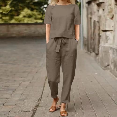 Two Piece Sets for Women Linen Co Ord Set Plus Size Short Sleeve Tops Elastic High Waist Drawstring Trousers Sets T Shirt Pants Suit Outfits Summer Loungewear Casual Homewear Khaki - Image 2