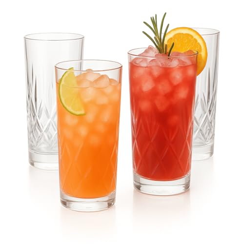 LEMONSODA Premium 12oz Highball Glass, for Water, Juices, cocktails - Set of 4 - Crystal Cut Glasses – Elegant Textured Tom Collins Glassware Set - Premium Packaging