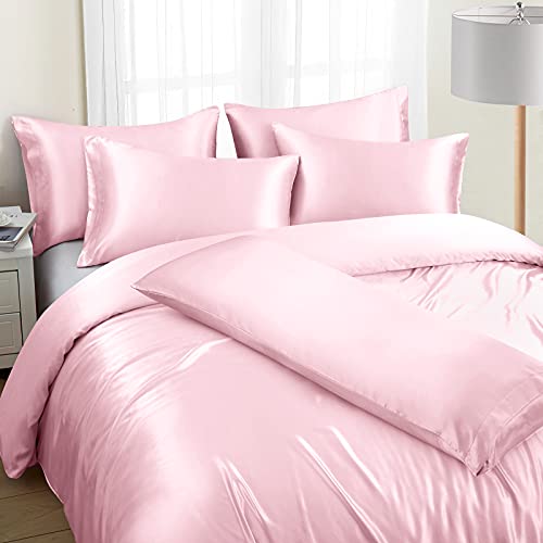 Image of Ersmak 6 Pieces Satin Duvet Cover Full /Queen Size Luxury Silky Bedding Duvet Cover Set with 1 Soft Duvet Cover, 4 Queen Pillowcases and 1 Body Pillowcase, Blush Pink