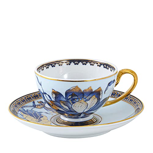 Minh Long I Elegant Vintage Lotus Flower Pattern Premium Porcelain Cup with Handle and Saucer Set, Kitchen Dinnerware Tableware Hot Cold Drinks Serving Tea Coffee Juice Drinking Mug Cups, Blue & Gold