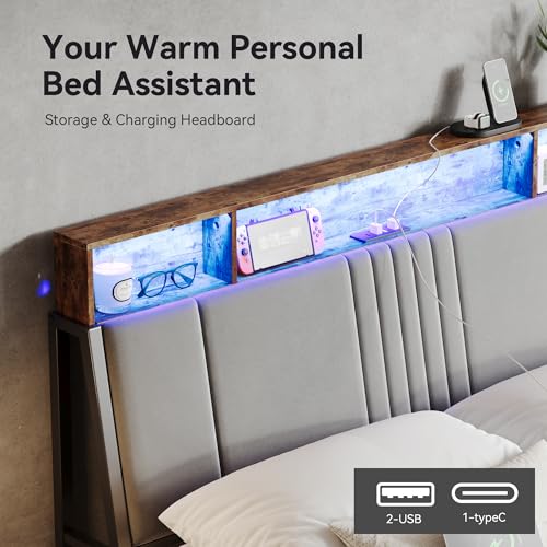 Image of Nelaukoko Queen Size Bed Frame, Metal Platform Bed Frame with Smart LED Lights and Charging Station, Ergonomic Velvet Headboard, No Box Spring Needed, Easy Assembly
