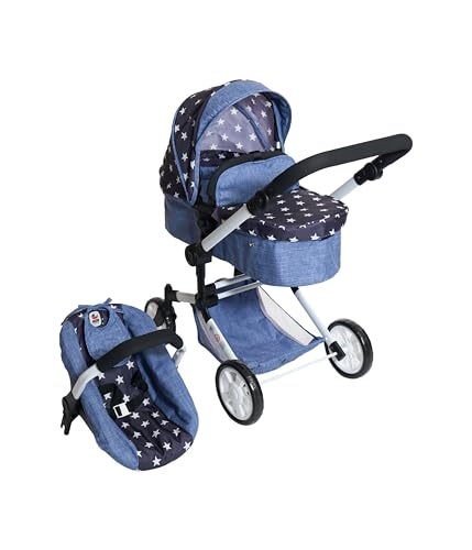 Bayer Chic 2000® 3in1 Kombi Puppenwagen Linus - Sternchen Navy- faltbar, höhenverstellbarer Griff 47-78 cm, mit Autositz – Puppen bis 52 cm, 4-8 J.