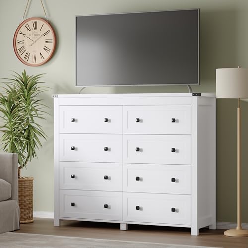 Image of BORNOON Tall 8-Drawer Dresser, Modern Wooden Storage Chest of Drawers, Dresser TV Stand, Wood Drawer Organizer with Metal Handles for Bedroom, Living Room, Hallway