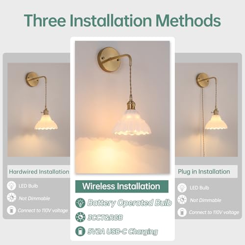 Image of Shenmoyl Battery Operated Wall Sconce with White Lily of the Valley Shade Glass Adjustable Chain Retro Wall Light, Modern Wall Lamp Fixtures Decor for Bedside Bedroom Indoor Doorway