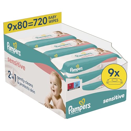 Pampers Sensitive Lingettes Pour Bébé, 9 Paquets De 80 Lingettes = 720 Lingettes, 2 En 1 Nettoie Délicatement Et Protège La Peau