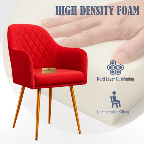 Image of Barfi Velvet Dining Chair | Set of 2 Premium Modern Upholstered Accent Chair with Armrest, Padded Seat and Metal Legs | Comfy Chair for Home, Office & Restaurents | (Red)