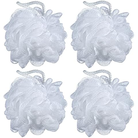 iboodi 60g/pcs White Mesh Bath Sponge Pouf Shower Loofahs Shower Puff Pack of 4 (White) Cover