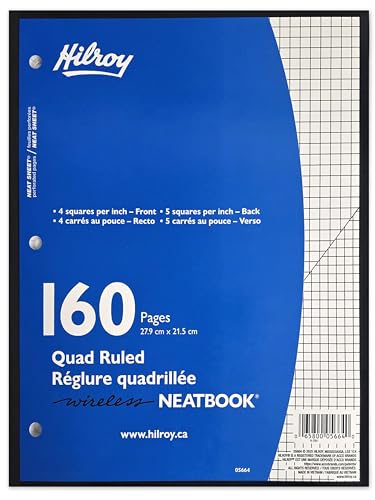 Hilroy Neatbook Wireless Notebook, 8.5" x 11", Quad Ruled, 4/1 inch and 5/1 inch pages, 3-Hole Punched, 160 Perforated Pages/80-Sheets, 1 Neatbook, Colour May Vary (05664)