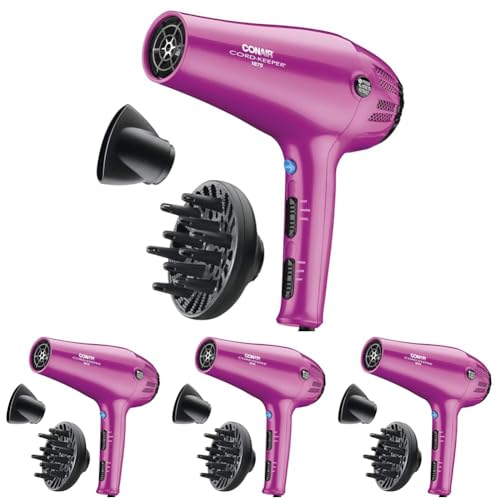 Image of Conair HairDryer with Retractable Cord, 1875W Blow Dryer, 3 Heat Settings, 2 Speeds, BlowDryer with Diffuser and Concentrator Attachments, Ionic + Tourmaline Technology, Pink (Pack of 4)